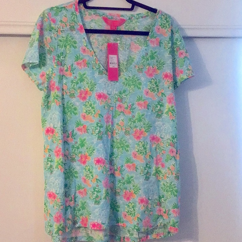 Lilly Pulitzer Disney  Blue Ibiza Pink and Green V-neck Short Sleeve T-Shirt